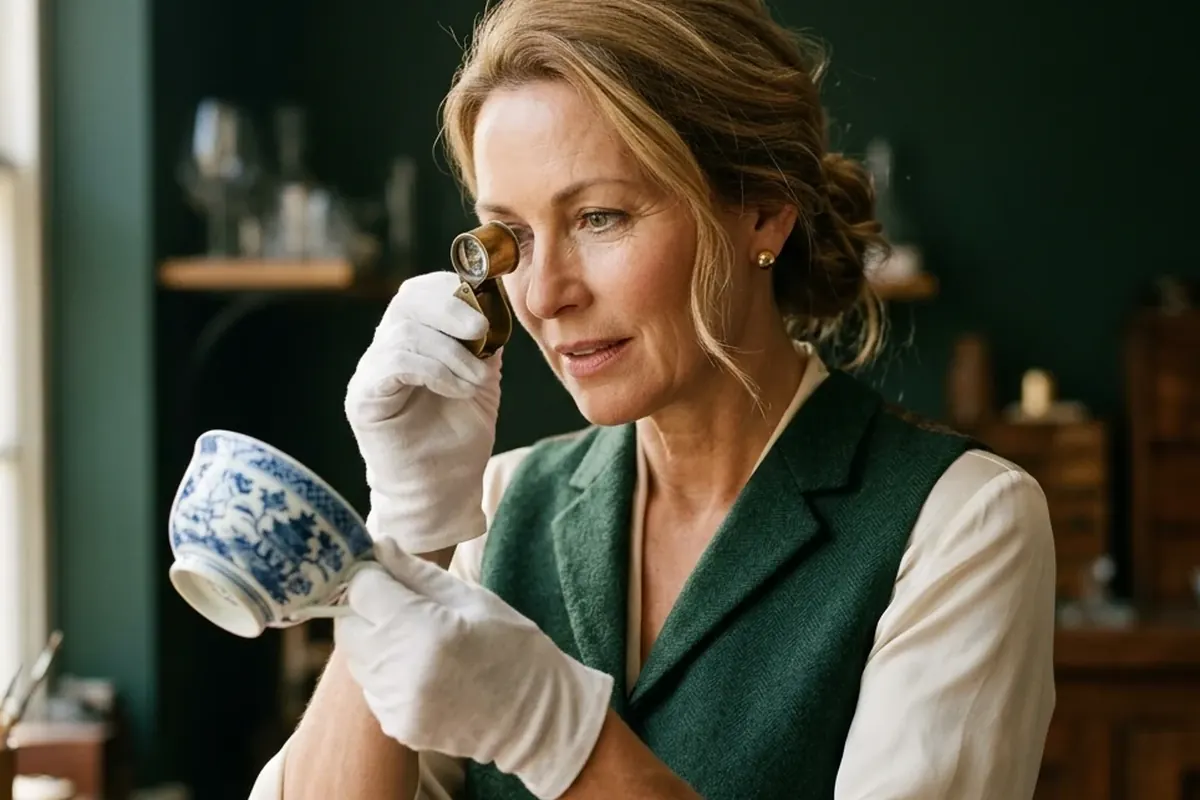 An appraiser in a green waistcoat at her workbench, a blue-and-white cup and a loupe beside her