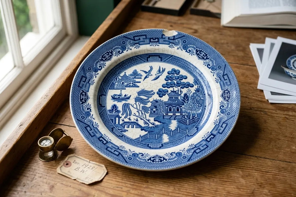 A blue-and-white plate lit at a raking angle, showing a network of crazing across the glaze and a shallow chip on the rim
