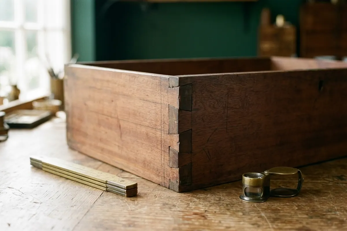 A drawer laid on its side on a workbench, showing hand-cut dovetails at the front corner