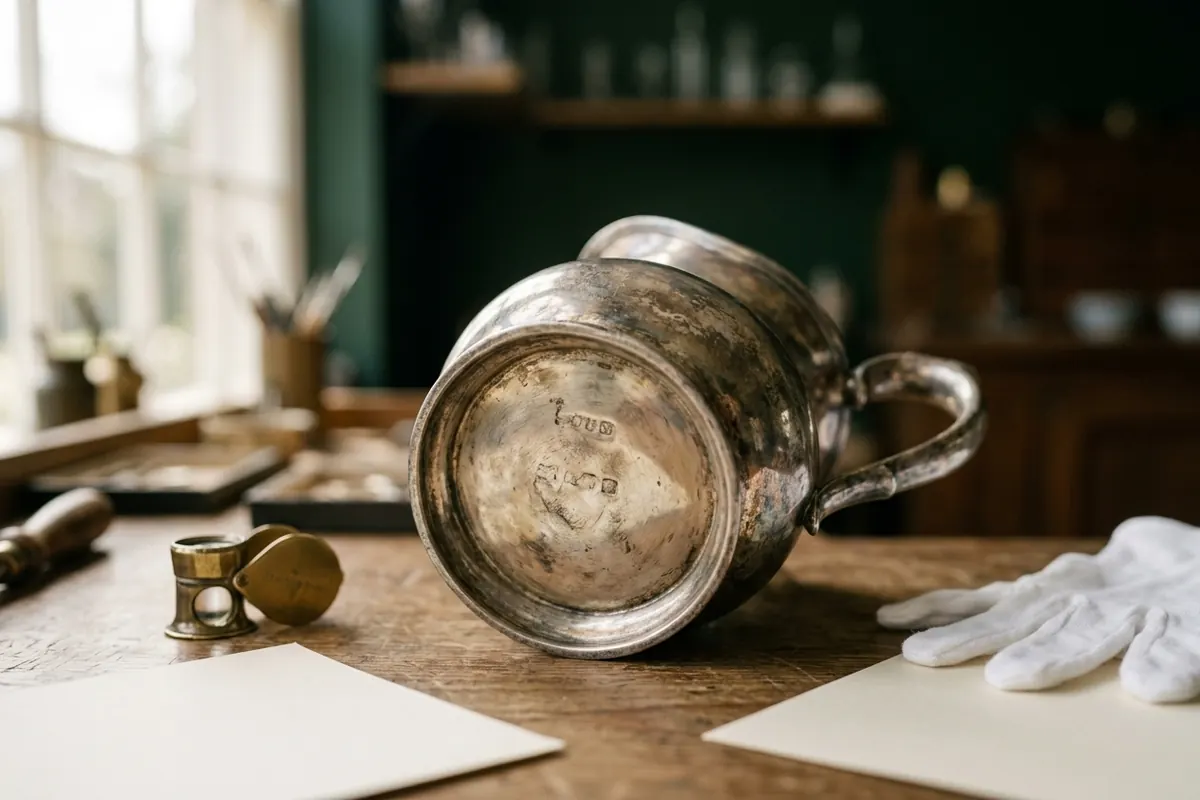 A tarnished silver cream jug tipped to show its underside, a jeweller’s loupe on the bench beside it