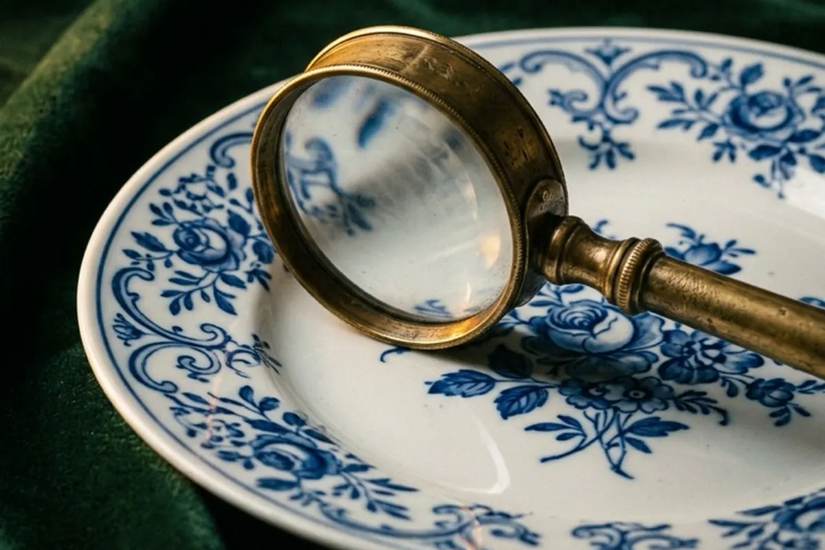 A brass magnifier resting on a blue-and-white transfer-printed plate