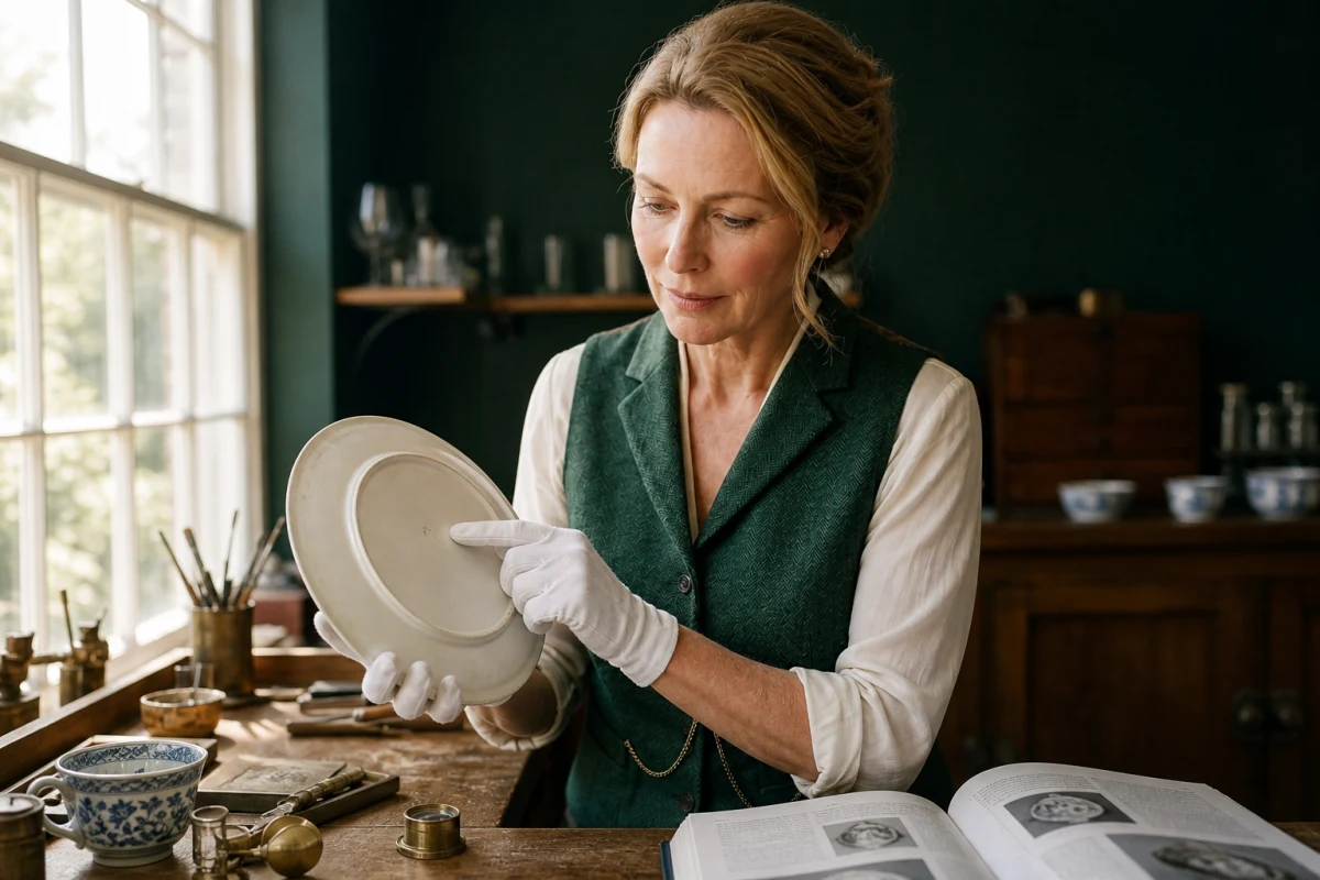 An antique dealer holding a creamware plate upside down and pointing to a small impressed mark on its base