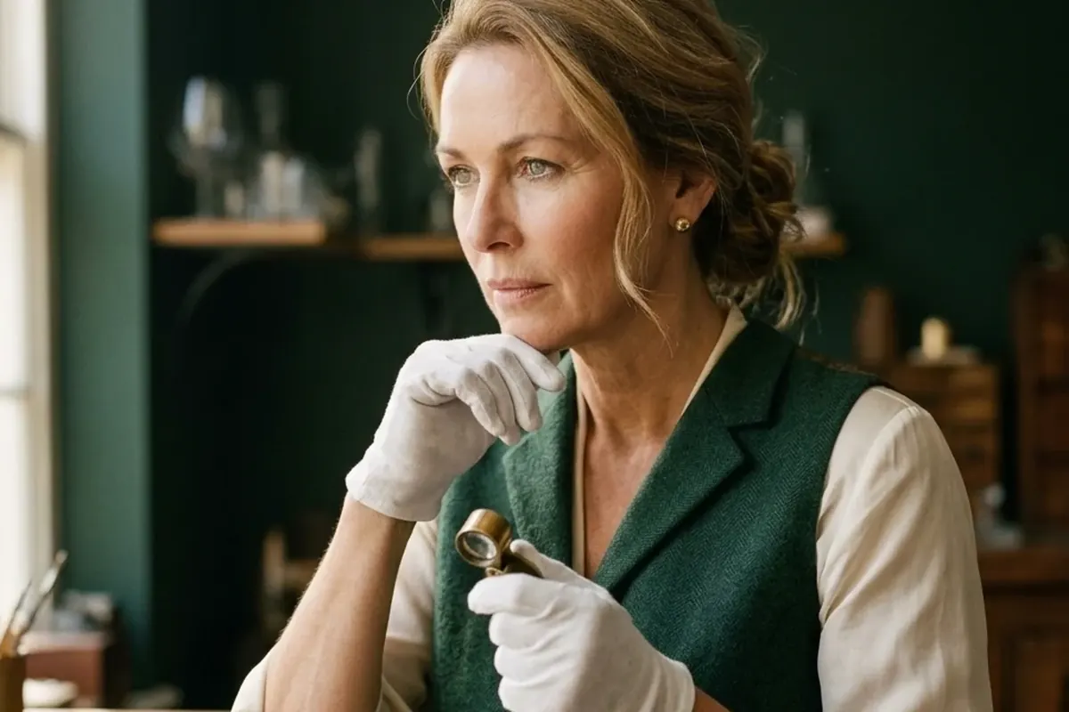 An appraiser at her bench holding a loupe, thinking, with a blue-and-white cup in front of her