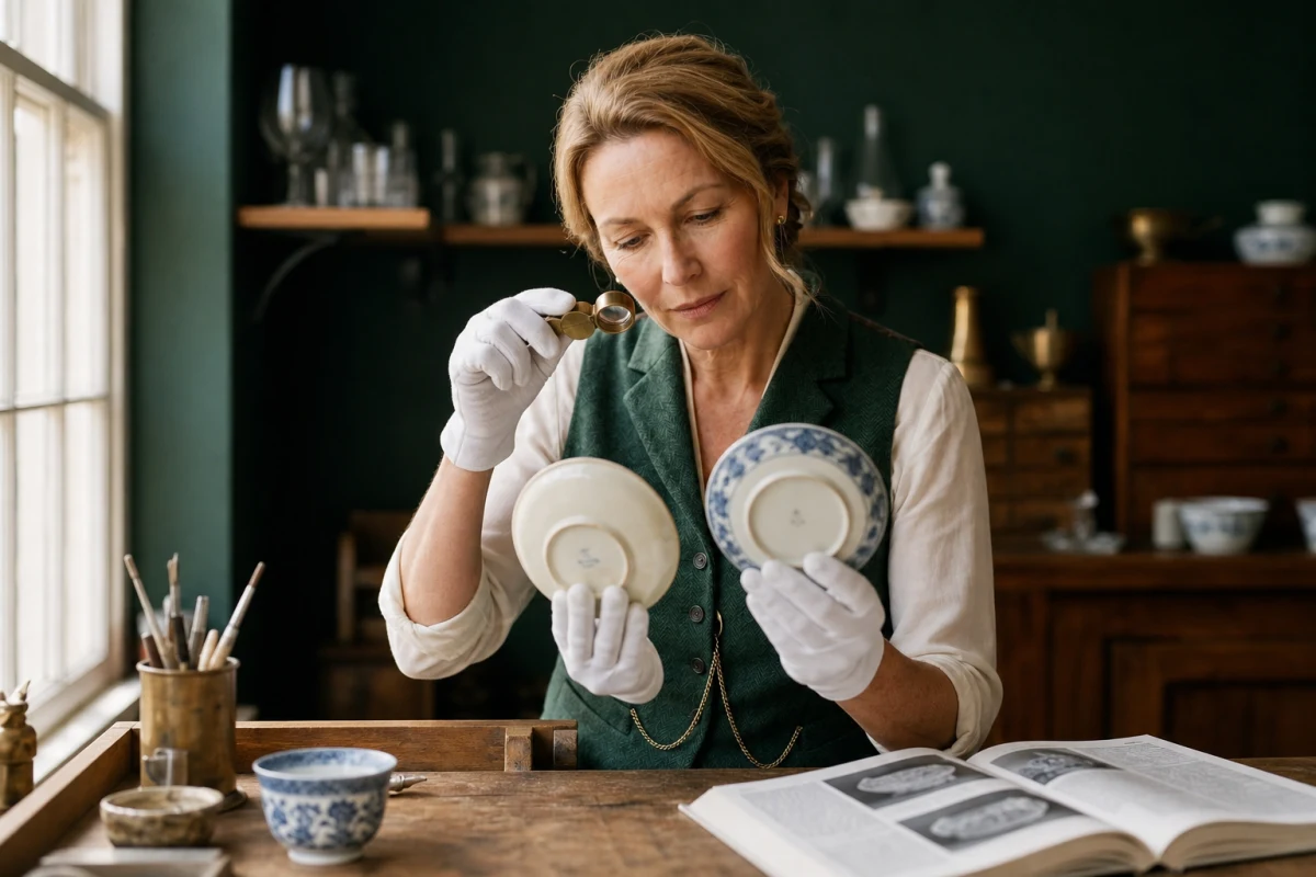 An antique dealer comparing the softly marked undersides of two Staffordshire ceramic plates through a loupe