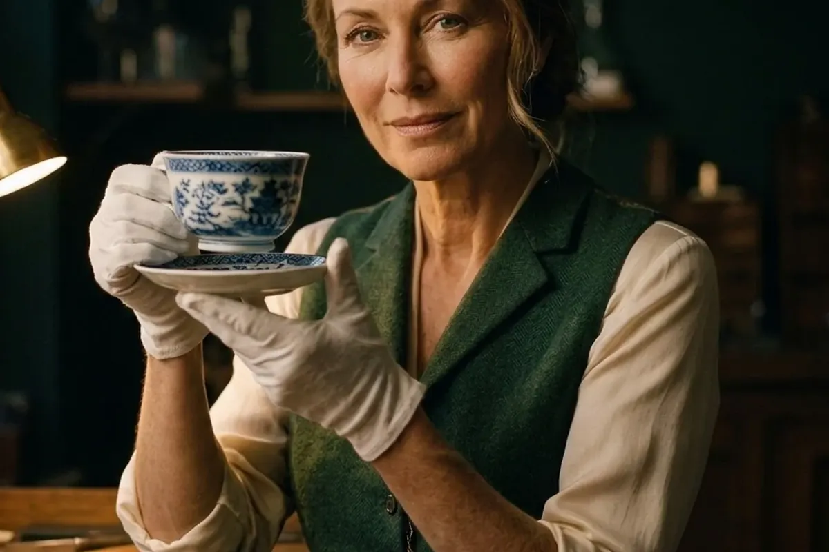 An appraiser holding up a blue-and-white cup and saucer under a brass bench lamp