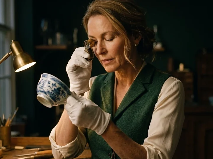 Trove&rsquo;s appraiser studying the glaze of a blue-and-white teacup through a jeweller&rsquo;s loupe.