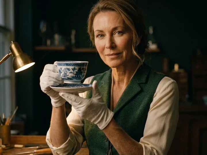 Trove&rsquo;s appraiser holding the finished cup and saucer up to the lamp, pleased with the verdict.