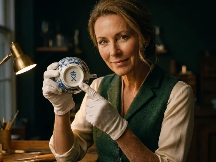 Trove&rsquo;s appraiser holding a teacup upside down, a gloved finger on the crowned backstamp.